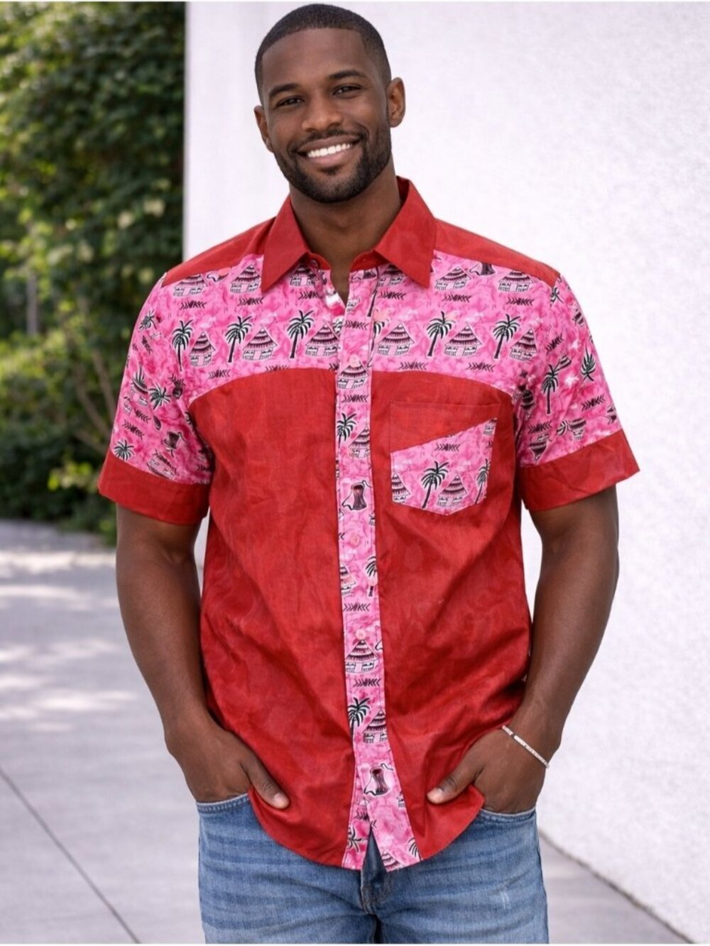 Medium African Ankara Wax Print Hawaiian Shirt for Men Dark Red Pink & Black